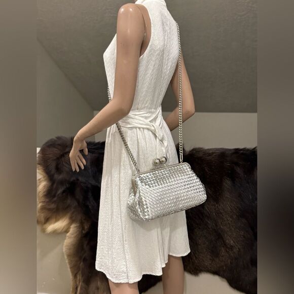 Stunning Silver Woven Leather Handmade Large Ball Kisslock Purse/Multi Use Bag - Picture 8 of 12